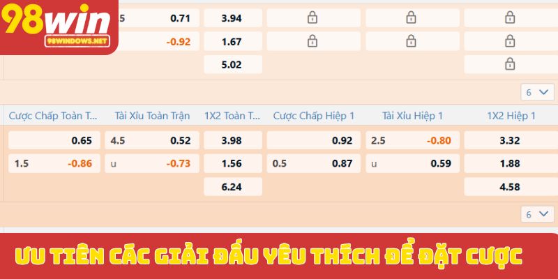 Ưu tiên các giải đấu yêu thích để đặt cược